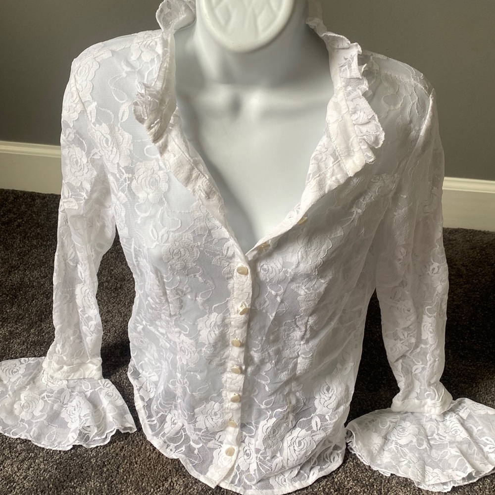 Sheer Lace Floral button up Blouse with ruffles on sleeves size S Small M Medium